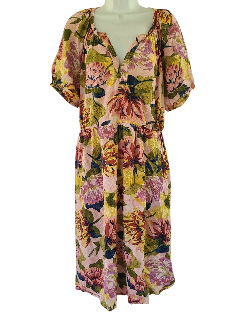 Terra & Sky pink and yellow floral midi dress v-neckline and short puff Sleeve